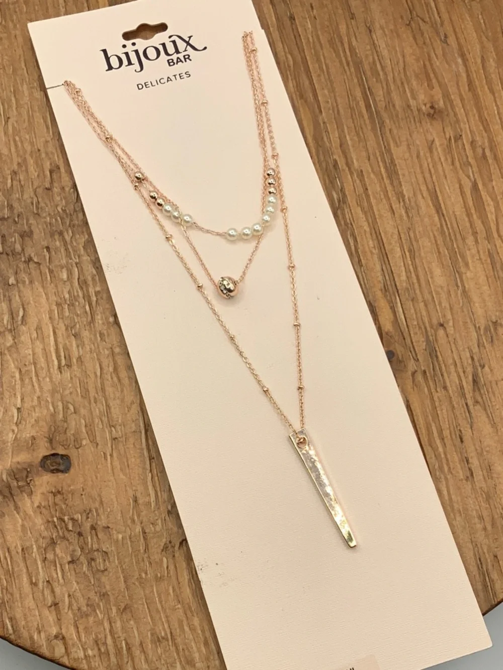 Bijoux Multi Strands Layered Rose Gold Pearl & Bar Pendant Necklace